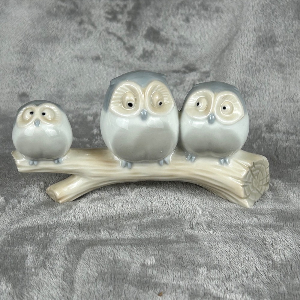 Ceramic Owl Figurine Trio on Branch Grey Cream Glossy Porcelain Home Decor 6.5in